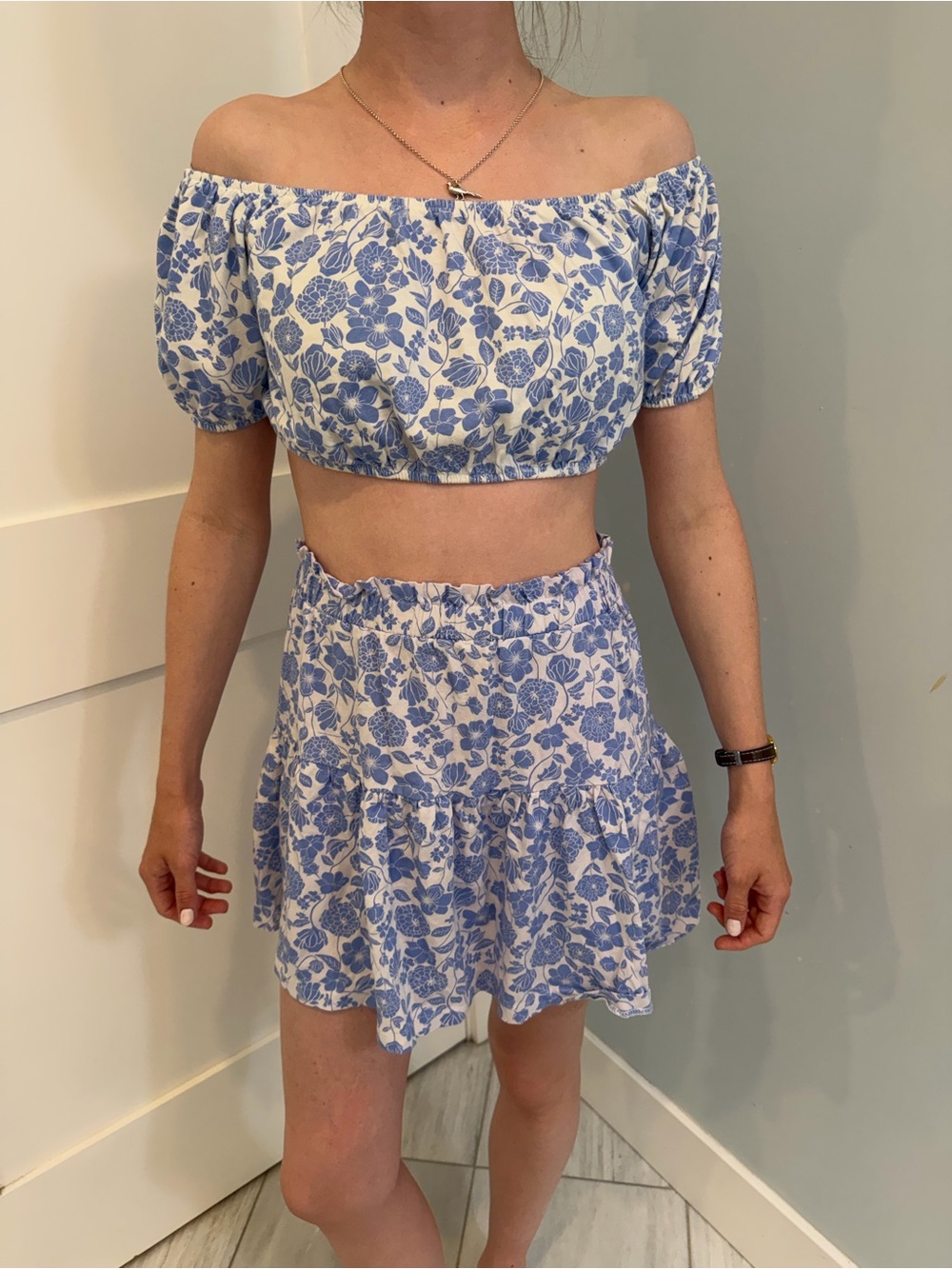 Zara Girls Blue Floral Off-Shoulder Top and Mini Skirt